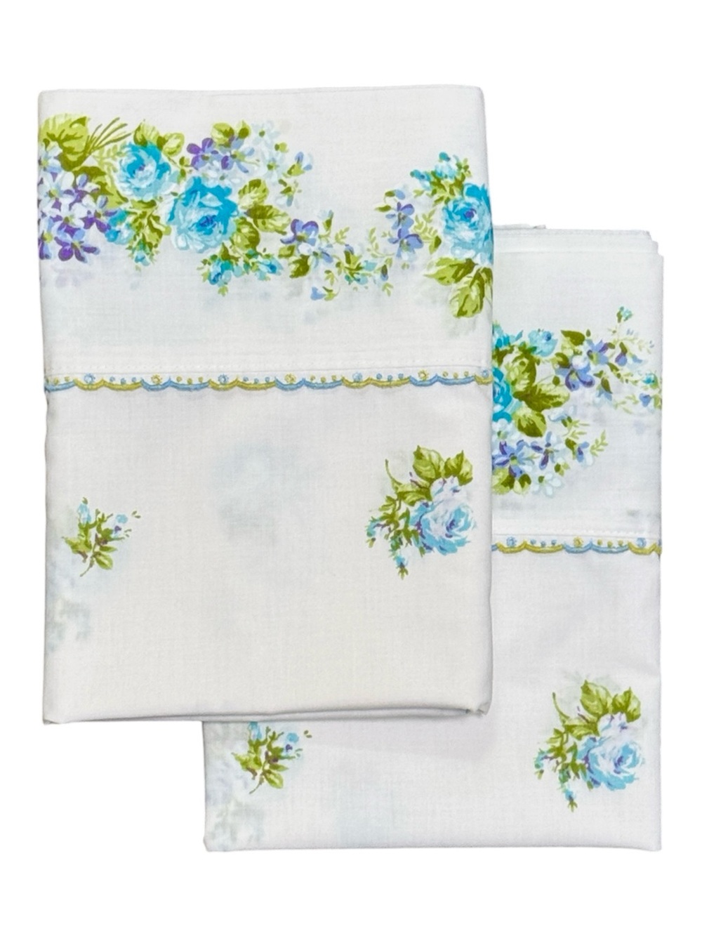 Vintage Montgomery Ward Floral Blue Rose Print King Pillowcases - Set of 2